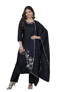 Women Chanderi Silk Black Kurta Pant Set with Dupatta for Women's | 3 Piece Printed Suit Set | Chanderi Silk Kurta Set for Womens | Festive Kurti Set