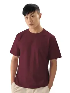 The Souled Store Solids: Deep Red Men and Boys Short Sleeve Round Neck Regular Fit Cotton T-Shirts