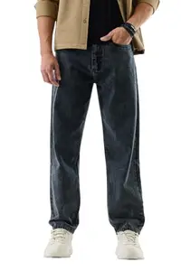 Snitch Men Casual Jeans | Baggy Fit Wide-Leg Relaxed Style | 100% Cotton Woven Denim with Whiskered Effect & Washed Finish for Everyday Comfort & Street Wear |Charcoal Grey