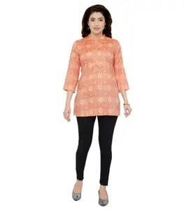 Women's Casual 3/4 Sleeves Printed Rayon Short Top (Orange, XL)-PID47640