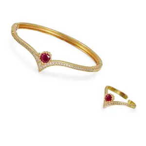 Elegant Gold-Plated Bracelet & Adjustable Ring Combo Set for Women – Red Stone & CZ Diamond Designer Jewellery | Bracelet ring combo Gold plated red stone women jewellery | ZAARUNI