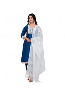 Women's Navy Blue Silk Kurta Pant Set with White Bandhani Dupatta | Ethnic Wear Suit Set (3-Piece)
