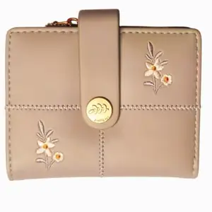 ShopMantra Women's PU Leather Wallet – Compact, Stylish & Floral Embroidered Purse with Card Slots & Coin Pocket (Apricot)