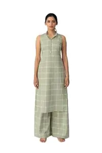 Arsmaniere Women's Sleeveless Checkered Kurti with Palazzo Set, Green, Cotton Blend, Collared Neck