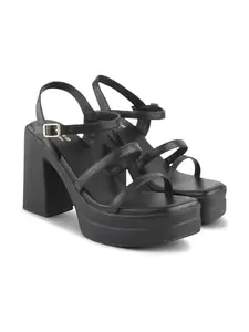 JM LOOKS Platform Strappy Heel Sandals Square Open Toe Two Strap Chunky High Heeled Sandals with Buckle Ankle Strap for Women Party Wedding - Black