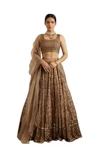 RANGPOSHAK Embroidered Net Lehenga Choli with Dupatta, Beige, Sequins and Zari Work, Semi-Stitched, Full Flair, Wedding