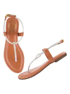 Shoetopia Embellished Ethnic Tan Flat Sandals For Women & Girls /EU39