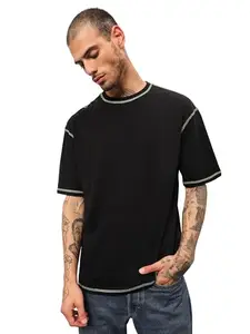 BEYOUNG Casual Black Round Neck Printed Oversized T-Shirt for Men