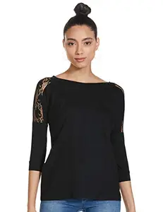 Miss Chase Women's Black Round Neck 3/4 Sleeves Solid Lace Basic Top (MCAW14TP01-88-62-04-Black-M)