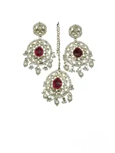 Soniya Crafts Ethnic Designer Kundan & Pearl Red Beaded Dangle Chandbalis Earrings & Maangtikka for Women & Girls (Red)