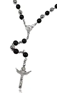 De-Ultimate 8mm Rosary Moti Beads Unisex Black & White Stone Metal Lord Holy Jesus Christ Cross Isa Masih Pendant Locket Mala Necklace With Chain