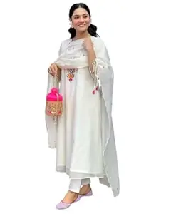 ARBA ZILLION Women's Cotton Mirror Work Embroidered Straight Kurti With Pant and Dupatta Set