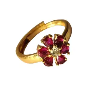 One Gram Gold Plated Ruby Flower Diamond Adjustable Rings for Women, Girls