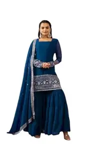 KAVATHIYA Women's Georgette Sharara Suit Set | Heavy Embroidered Kurti & Dupatta