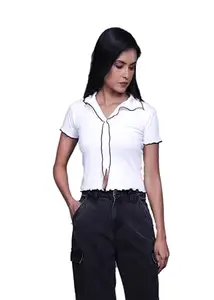 JUHRAF Women's Ribbed Picko Top - Stylish & Comfortable Half Sleeves T-Shirt (M, White)