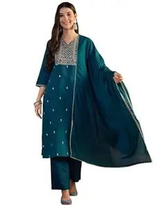 Kaari Women's Embroidered Kurti Set with Dupatta - Straight Fit | Silk Blend with Embroidery | Round Neck with 3/4th Sleeves | Everyday and Festive Kurti Set for Women