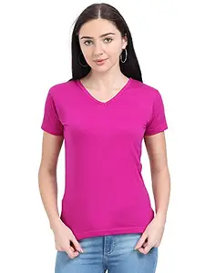 Ideation Women's Cotton Plain V Neck Half Sleeve Magenta Color T-Shirt L Size