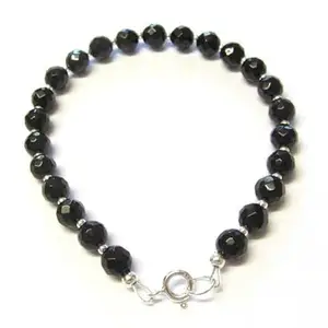 LKBEADS Unisex black onyx 5mm round faceted beads 7 inch stacking bracelet with 925 sterling silver - silver plated clasp