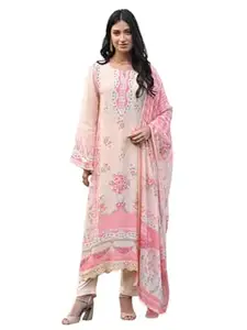 Zaierra Women Viscose Kurta Pant Dupatta Set | Embroidered Chanderi Dupatta Ethnic Wear | 45 Inch Kurti | Beige-Pink | Sizes S-XXL