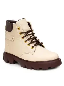Planet Walk CREAM CASUAL LACE-UPS BOOTS FOR WOMEN