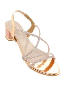 V-WALK Women's Crossy-Strap Anti-Skid Embellished Heel Sandals | Decorated Design | Party, Ethnic, Festive Occasions, Shopping, Outdoor Women Heels | Heel Height: 2.5 Inches | Champagne