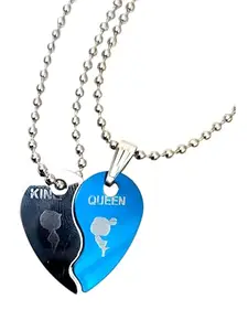 King Queen Split Heart Couple Necklace, Metal Ball Chain, Black and Blue Pendant