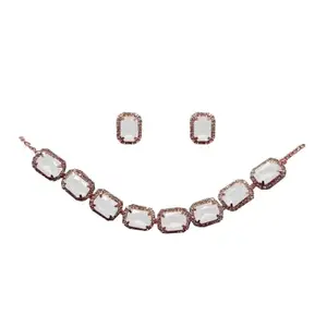 Crystal Necklace and Earrings Set, Rose Gold Plated, contemporary ethnic party festive wedding and casual wear (white)