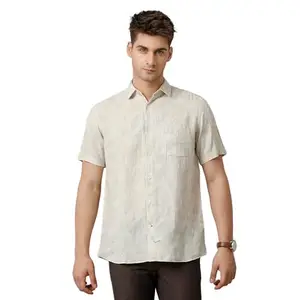 Linen Club Men's Pure Linen Beige Printed Regular Fit Half Sleeve Casual Shirt(Size:-42)-LCSHSP0022839