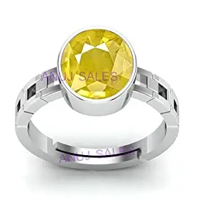 ANUJ SALES 4.25 Carat Natural Yellow Sapphire Pukhraj Gemstone Panchdhatu Adjustable Silver Plated Ring Astrological Purpose for Men and Women (Lab Certified)