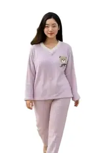 Light-Weight Pre Winter Night Suit for Women Fluffy Pajama & Top Set Soft Comfy Fleece Pjs Pullover Pants Loose Plush Sleepwear Fuzzy for Winter (Purple, M)