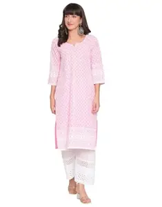 Women's Casual 3/4th Sleeve Embroidered Cotton Kurti (Pink, 2XL)-PID48482