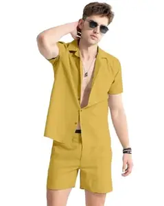 Men's Short Sleeve Shirt and Shorts Co-ord Set, Casual Summer Two-Piece Outfit (Deep Yellow, M)