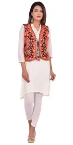 FURNISHFUL FINESSE Ethnic Jacket for Women Waist Coat Stylish Cotton Handmade Navratri Traditional Rajasthani Embroidered Mirror Work Gujrati Kutchi Koti for Girls - Bust Size 34-38 Inches