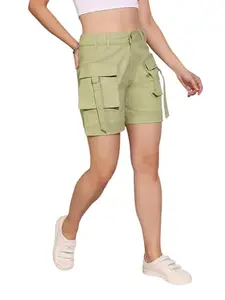 Dolce Crudo Women's Flared High-Rise Stretchable Denim Shorts(DOAW24DEN13-28-187-32, Olive, 32)