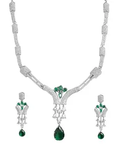 Mansiyaorange Rhodium Green American Diamond (AD) Cubic Zerconia (CZ) Gemstone-Studded Collor Necklace Jewelry Set