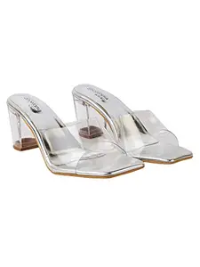 Shoetopia Women's Clear Block Heel Mules Silver || Transparent Strap Slip-On Sandals || Open Toe Chunky Heels EU41