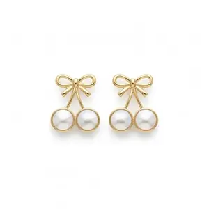 Anti Tarnish, Pearl Drop Bow Earrings, Gold-Plated, Double Pearl Design