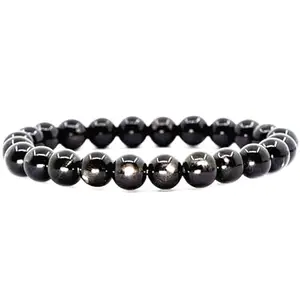 RRJEWELZ Unisex Bracelet 8mm Natural Gemstone Hypersthene Round shape Smooth cut beads 7 inch stretchable bracelet for men & women. | STBR_04313