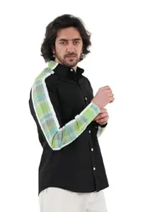 Kamizz Stride Green Men's Shirt, Cotton, Black with Green Plaid Sleeves, Breathable Casual Formal Wear