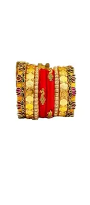 Kundan Fashion Traditional Kundan Bridal Bangles Set, Gold-Plated with Pearl and Peacock Design, Red and Gold SIZE 2.6