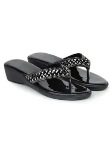 Fabbmate Latest Embroidered Work T-Strap Flats Sandal for Women's Pack of 1 Black (Black, 3)