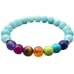RRJEWELZ Natural 7 Chakra Stone & Blue Jade 8mm Round Shape Smooth Cut Beads 7.5 Inch Stretchable Bracelet For Men & Women. Unisex Bracelet For Healing, Meditation, Prosperity, Gift & Luck|STBR_RR_10506_7.5