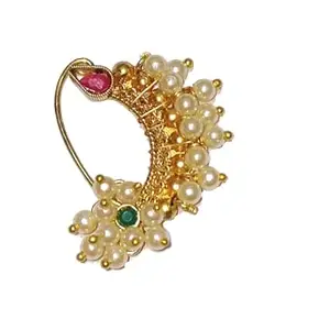 Shrungarika Designer Gold kalamkari Traditional Ethnic Bridal Maharashtrian Nose Ring/Nath/kalamkari nath/pearls nath without piercing Encased with Pearl Stone for Women/Girls