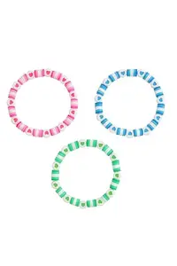 Colorful Heart Charm Korean Style Bracelet Set – Set of 3 Aesthetic Heishi Beaded Bracelets for Girls, Teens & Women – Blue, Pink & Green Soft Polymer Bands