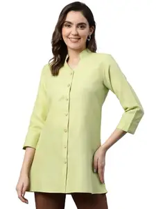 Cottinfab Women Three Forth Sleeves Green Solid Mandarin Collar Cotton Shirt Style Longline Top