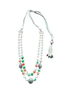 Traditional Kantha Double-Strand Beaded Necklace, White Pearl and Multicolor Gemstones, Silver-Tone Accents