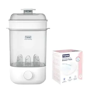 Hopop Baby Bottle Steriliser & Disposable Breast Pads Combo | 2-in-1 Steam Steriliser for Bottles, Nipples & Accessories + Ultra-Thin Honeycomb Nursing Pads for Feeding Mothers | 30 Absorbent Breastfeeding Pads | Travel-Friendly, Auto Shut-Off | White