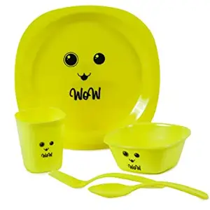 GALOOF GALOOF 5 Pcs Plastic Dinner Set for Kids | Small Size Smily Printed Dinnerware Plate for Eating, Playing and Return Gift for Kids Birthday Party (Yellow)
