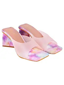 Shoetopia Trendy/Casual/Festive/Comfortable Square Toe Rainbow Print Pink Block Heels For Women & Girls
