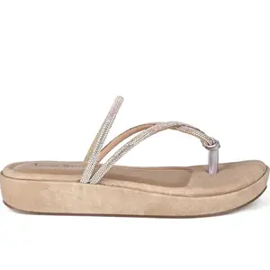 LOUIS STITCH Women’s Slip-On Platform Heel T-Strap Sandals | Open Toe Stylish Beige Wedge Heel Sandal for Ladies, Fashionable Sandal | LSOF-LDPS-GLCSBG | UK-3